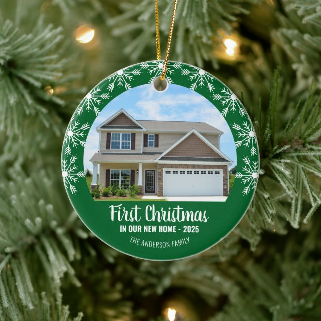 First Christmas in our New Home Photo Green Ceramic Ornament (Tree)