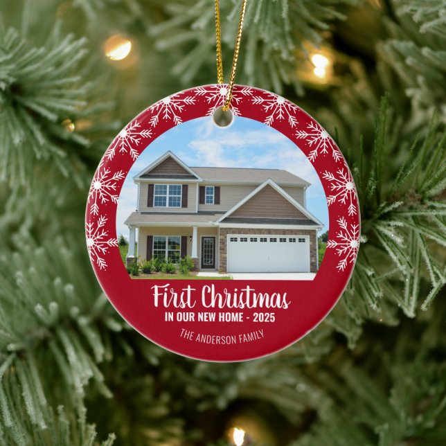 First Christmas in our New Home Photo Red Ceramic Ornament (Tree)