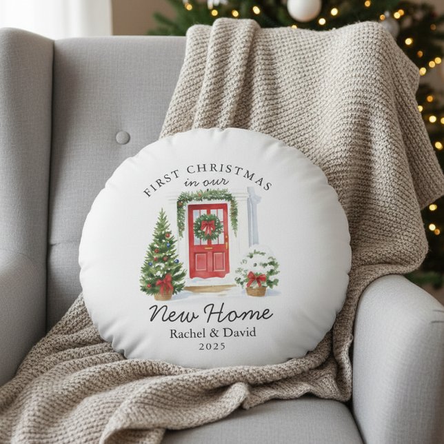 First Christmas in Our New Home – Red Door  Round Pillow (Creator Uploaded)