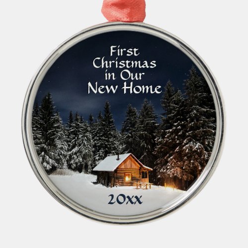 First Christmas in Our New Home Rustic Cabin Snow Metal Ornament