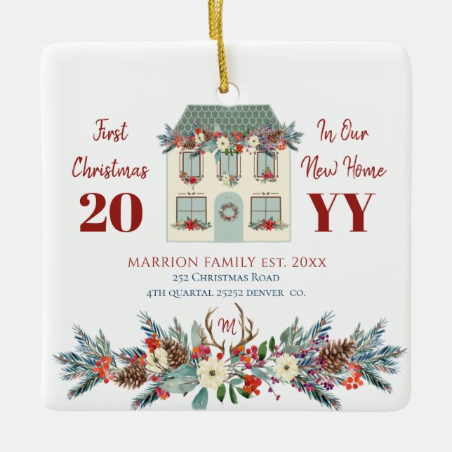 First Christmas in our new home rustic family Ceramic Ornament (Front)