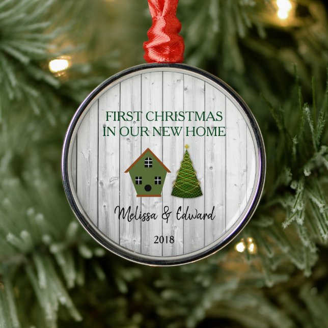 First Christmas in our new Home shiplap birdhouse Metal Ornament (Tree)