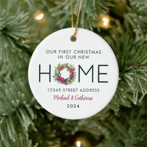 First Christmas in our New Home Watercolor Wreath Ceramic Ornament
