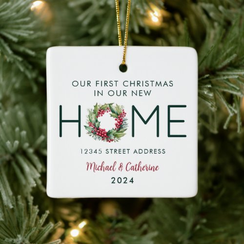 First Christmas in our New Home Watercolor Wreath Ceramic Ornament