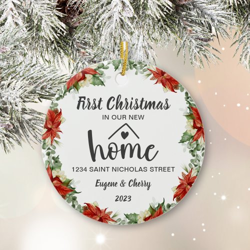 First Christmas In Our New Home Watercolor Wreath Ceramic Ornament