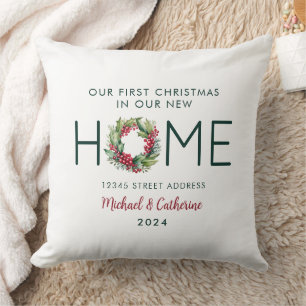 First Christmas in our New Home Watercolor Wreath Throw Pillow