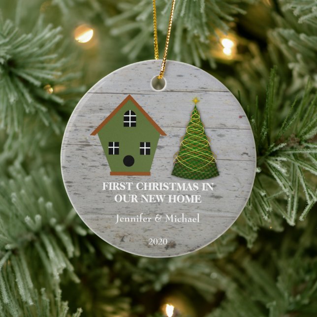 First Christmas in our new Home wood birdhouse Ceramic Ornament (Tree)