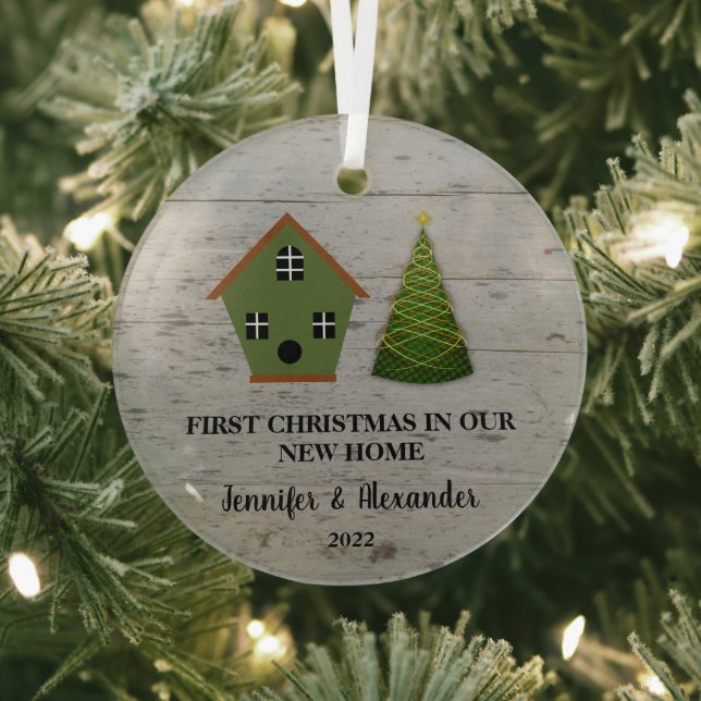 First Christmas in our new Home wood birdhouse Glass Ornament (Insitu)