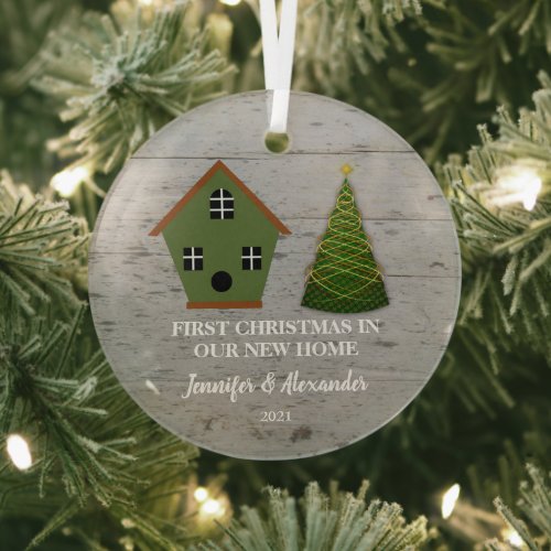 First Christmas in our new Home wood birdhouse Glass Ornament