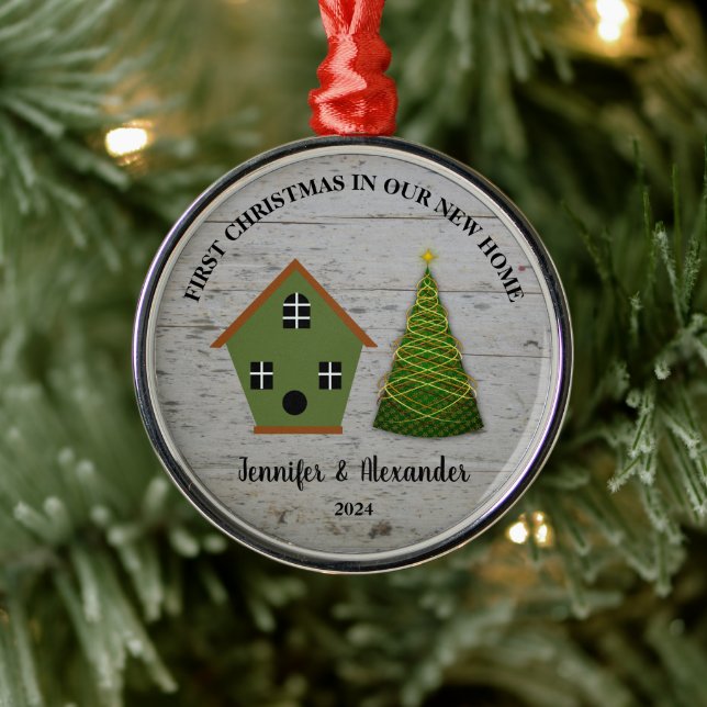 First Christmas in our new Home wood birdhouse Metal Ornament (Tree)