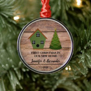 First Christmas in our new Home wood birdhouse Metal Ornament