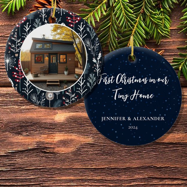 First Christmas in our Tiny Home photo Ceramic Ornament (First Christmas in our Tiny Home ornament. You can add your own photo, text, names and year.)