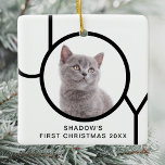 First Christmas Joy Cute Cat Kitten Custom Photo Ceramic Ornament<br><div class="desc">This Cat's First Christmas Photo Ornament is decorated with the word JOY in black and white.
Easily customizable with your pet's photo,  name,  and year.</div>