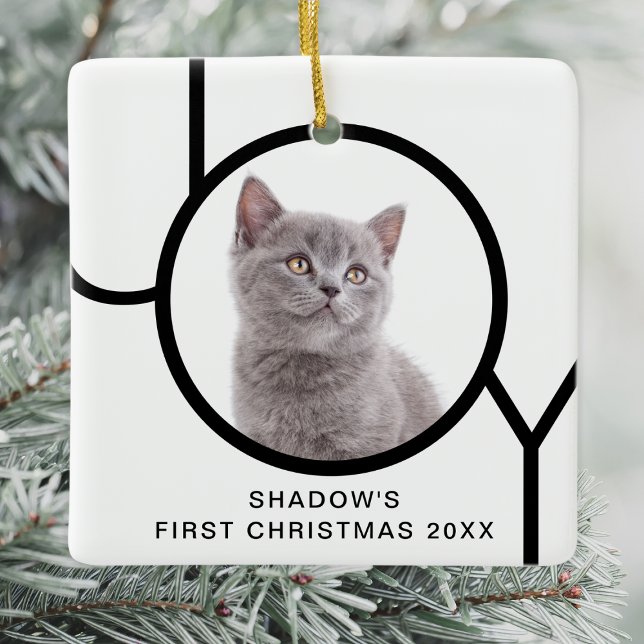 First Christmas Joy Cute Cat Kitten Custom Photo Ceramic Ornament (Creator Uploaded)