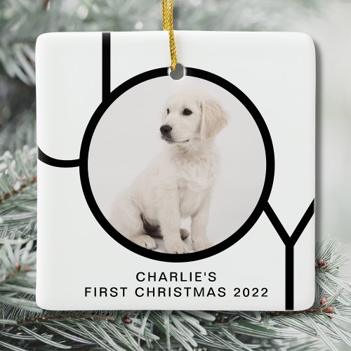 First Christmas Joy Cute Puppy Custom Photo Ceramic Ornament