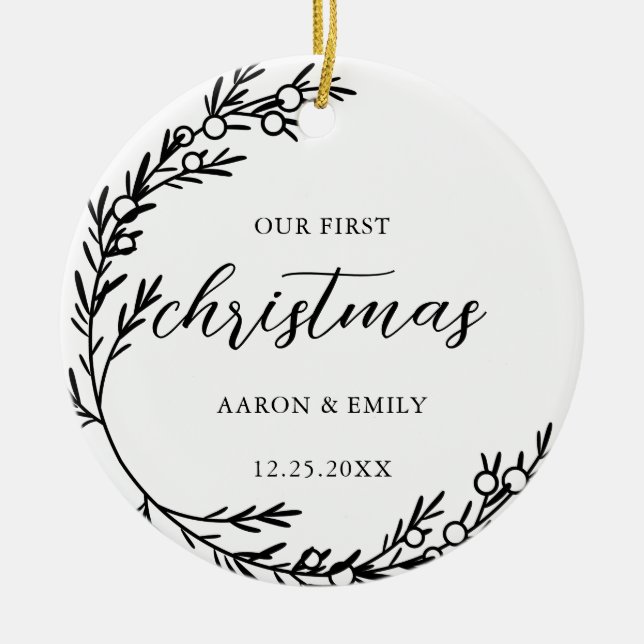 First Christmas Juniper Wreath Ceramic Ornament (Front)