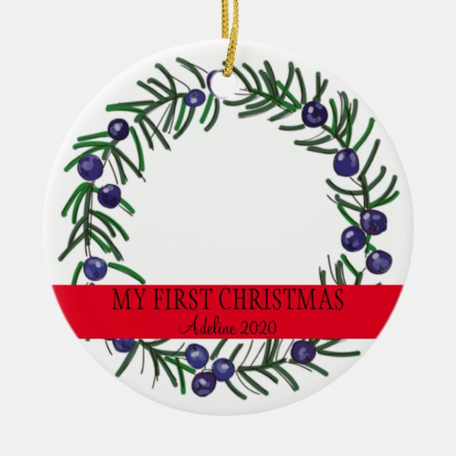 First Christmas Juniper Wreath Ceramic Ornament (Front)