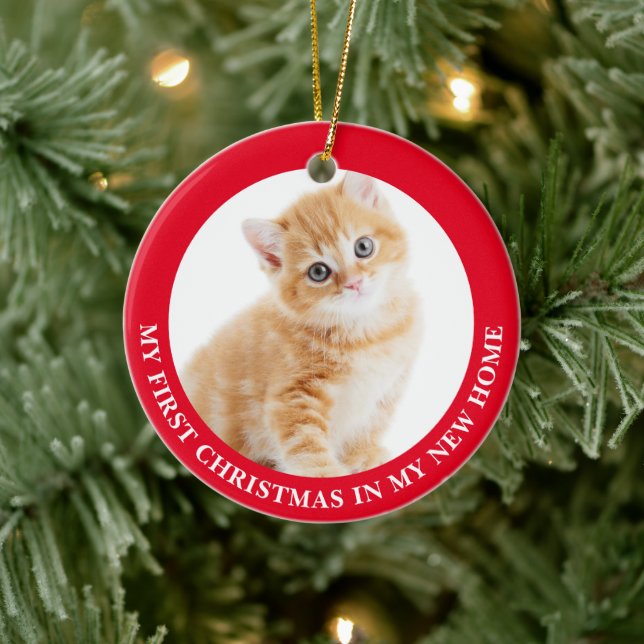 First Christmas Kitten Cat Personalized Photo Ceramic Ornament (Tree)