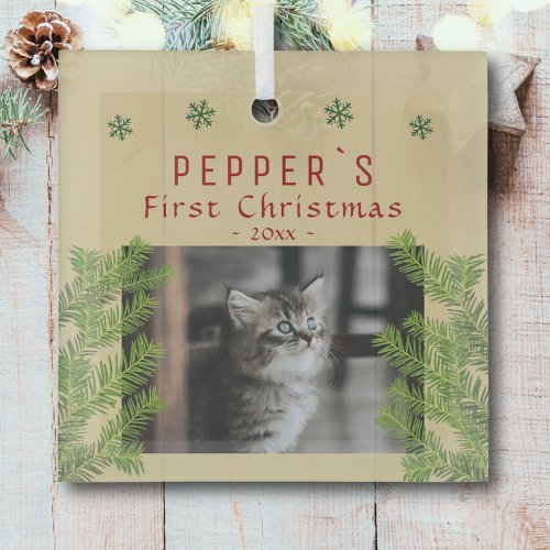 First Christmas Kitten Cat Pine Photo Keepsake Glass Ornament