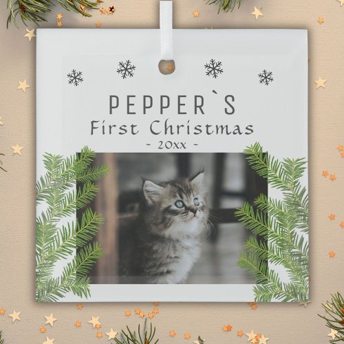 First Christmas Kitten Cat Pine Photo Keepsake Glass Ornament