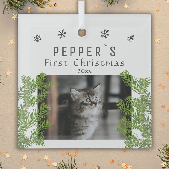 First Christmas Kitten Cat Pine Photo Keepsake Glass Ornament (Creator Uploaded)