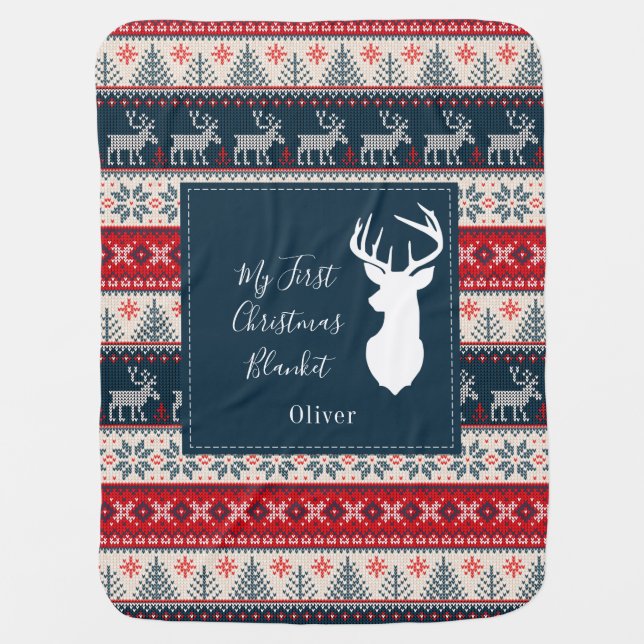 First Christmas Knitting Pattern Personalized Baby Blanket (Front)