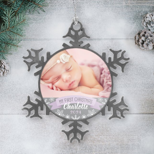 First Christmas Lavender Purple Baby Girl Photo Snowflake Pewter Christmas Ornament (Creator Uploaded)