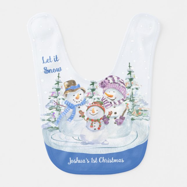 First Christmas Let it Snow Happy Snowman Blue Baby Bib (Front)