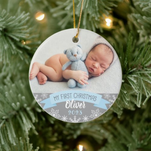First Christmas Light Blue Baby Boy Photo Ceramic Ornament