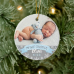First Christmas Light Blue Baby Boy Photo Ceramic Ornament<br><div class="desc">"My First Christmas" banner and snowflake border photo ornament design can be personalized with the baby boy's name and birth year. Includes a second photo on the back. Light blue,  gray and white colors.</div>