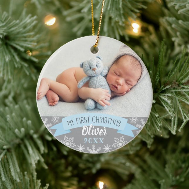 First Christmas Light Blue Baby Boy Photo Ceramic Ornament (Tree)