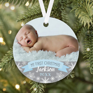 First Christmas Light Blue Baby Boy Photo Ornament
