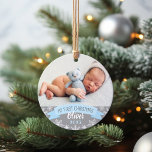First Christmas Light Blue Baby Boy Photo Ornament<br><div class="desc">"My First Christmas" banner and snowflake border photo ornament design can be personalized with the baby boy's name and birth year. Includes a second photo on the back. Light blue,  gray and white colors.</div>