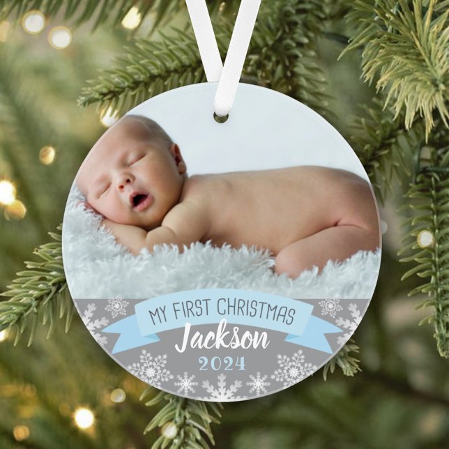 First Christmas Light Blue Baby Boy Photo Ornament (Creator Uploaded)
