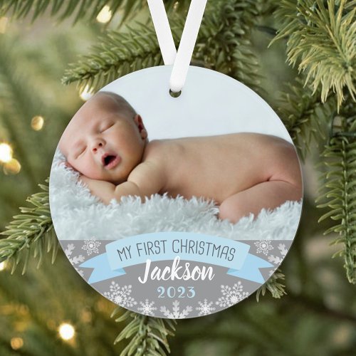 First Christmas Light Blue Baby Boy Photo Ornament