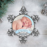 First Christmas Light Blue Baby Boy Photo Snowflake Pewter Christmas Ornament<br><div class="desc">"My First Christmas" banner and snowflake border photo ornament design can be personalized with the baby boy's name and birth year. Includes a second photo on the back. Light blue,  gray and white colors.</div>