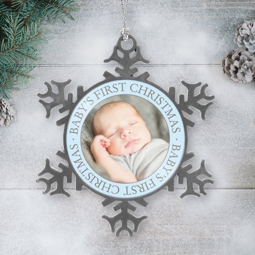 First Christmas Light Blue Custom Baby Boy Photo Snowflake Pewter Christmas Ornament