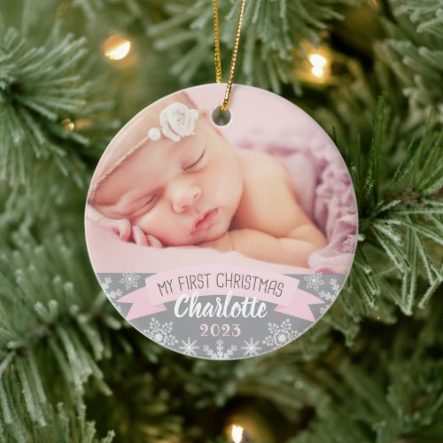 First Christmas Light Pink Baby Girl Photo Ceramic Ornament