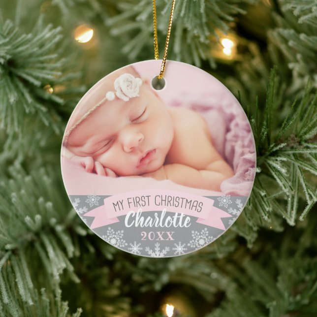 First Christmas Light Pink Baby Girl Photo Ceramic Ornament (Tree)