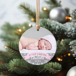 First Christmas Light Pink Baby Girl Photo Ornament<br><div class="desc">"My First Christmas" banner and snowflake border photo ornament design can be personalized with the baby girl's name and birth year. Includes a second photo on the back. Light pink,  gray and white colors.</div>