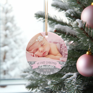 First Christmas Light Pink Baby Girl Photo Ornament
