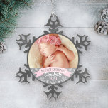 First Christmas Light Pink Baby Girl Photo Snowflake Pewter Christmas Ornament<br><div class="desc">"My First Christmas" banner and snowflake border photo ornament design can be personalized with the baby girl's name and birth year. Includes a second photo on the back. Light pink,  gray and white colors.</div>