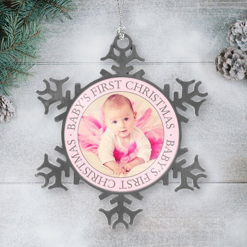 First Christmas Light Pink Custom Baby Girl Photo Snowflake Pewter Christmas Ornament