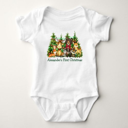 First Christmas Lights Bow Woodland Forest Animals Baby Bodysuit