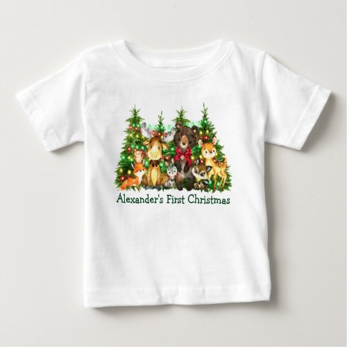 First Christmas Lights Bow Woodland Forest Animals Baby T_Shirt