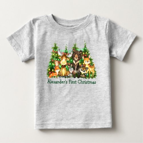 First Christmas Lights Forest Animals Gray Baby T_Shirt