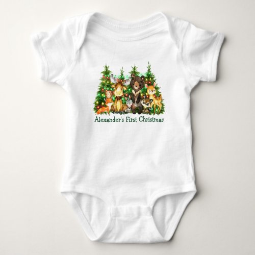 First Christmas Lights Woodland Forest Animals Baby Bodysuit