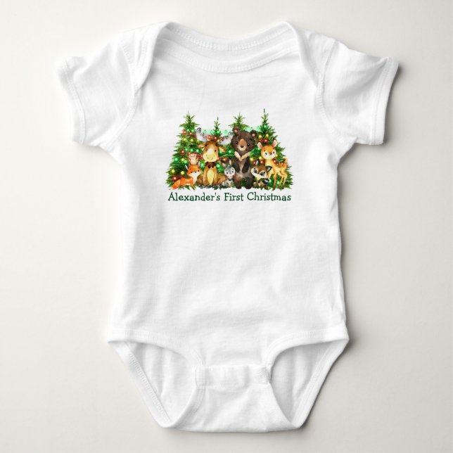 First Christmas Lights Woodland Forest Animals Baby Bodysuit (Front)