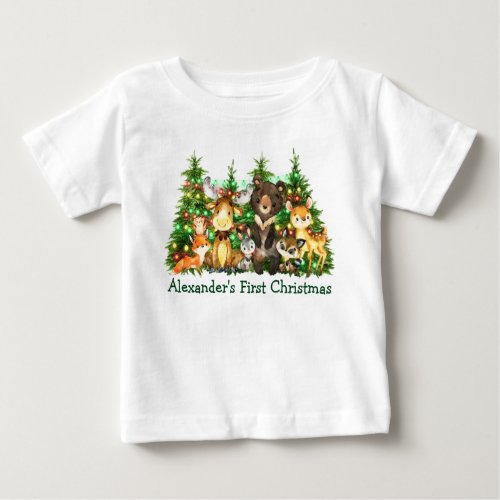 First Christmas Lights Woodland Forest Animals Baby T_Shirt