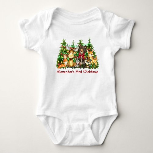 First Christmas Lights Woodland Forest Animals Bow Baby Bodysuit